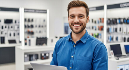 Happy salesman with laptop in electronics store retail sales concept