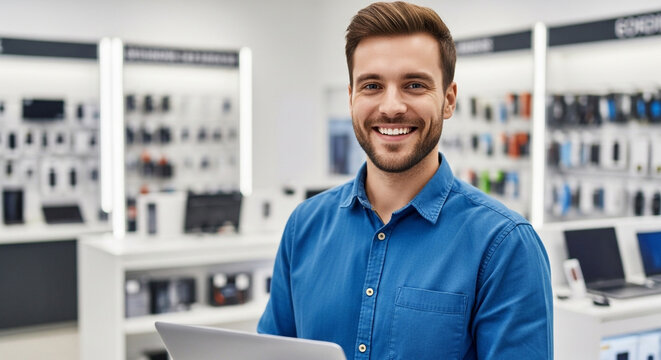 Happy salesman with laptop in electronics store retail sales concept
