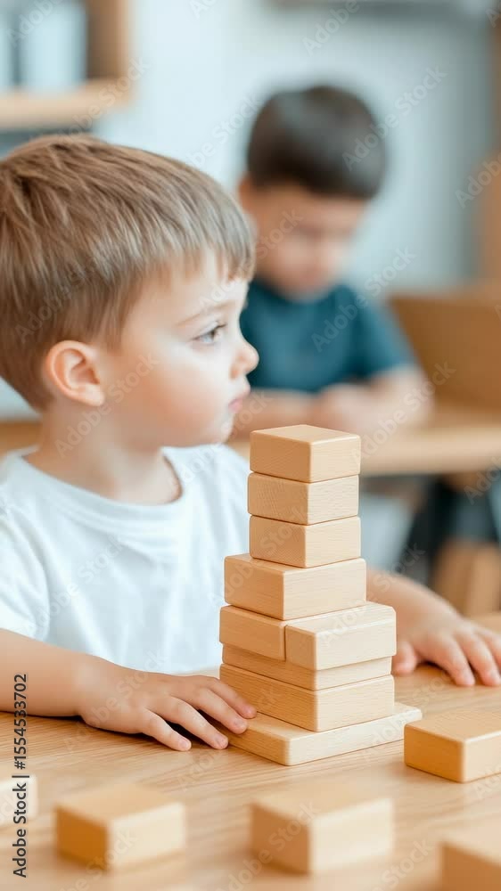 Poster Young boy carefully placing wooden blocks on top of each other, building a tower during playtime in preschool, developing fine motor skills and concentration
