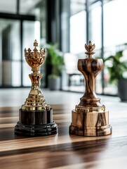 Two Elegant Awards Golden and Wooden Trophies on Wooden Table