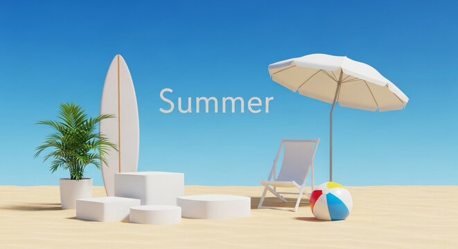 Summer beach vacation background with surfboard and beach chair mockup