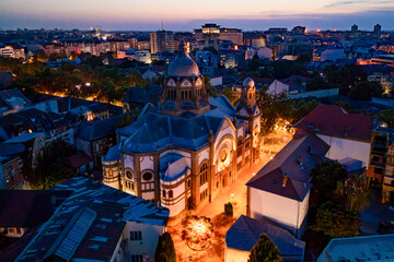 Novi Sad, Serbia June 26, 2025: Night view on Synagogue in Novi Sad, Serbia. Synagogue is one of many cultural institutions in Novi Sad, Serbia, in the capital of Serbian the province of Vojvodina.