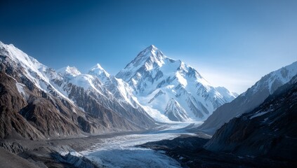 The sky is a clear blue above majestic snow-covered mountains that rise high, and a glacier flows down to a frozen lake where ice fragments form a breathtaking view
