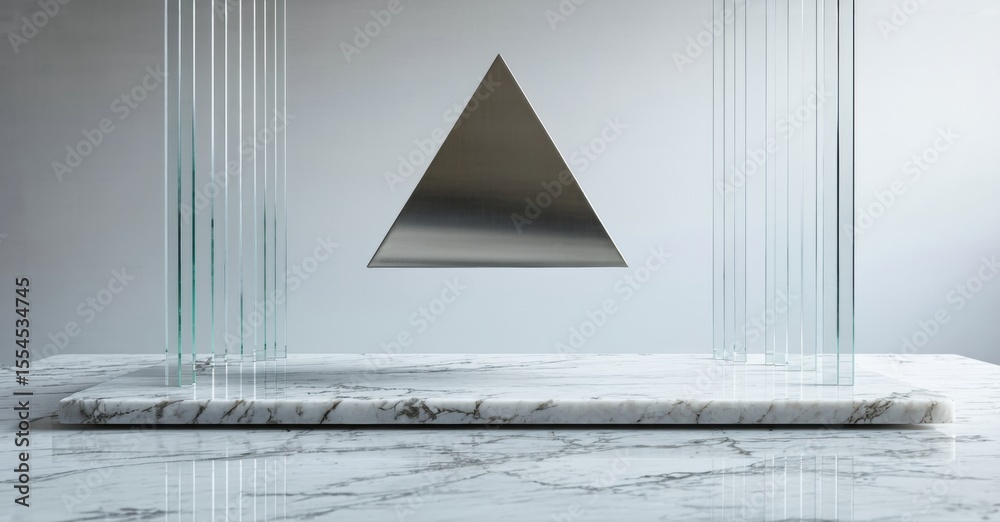 Poster Minimalist composition features triangle suspended between glass columns atop marble surface. Clean lines, soft lighting, modern aesthetic.