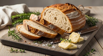 Sliced artisan bread on a wooden cutting board with butter and herbs.