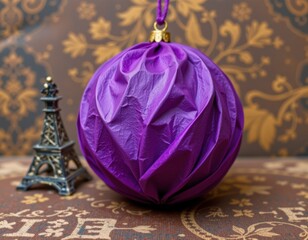 Purple Textured Christmas Ornament with Miniature Eiffel Tower