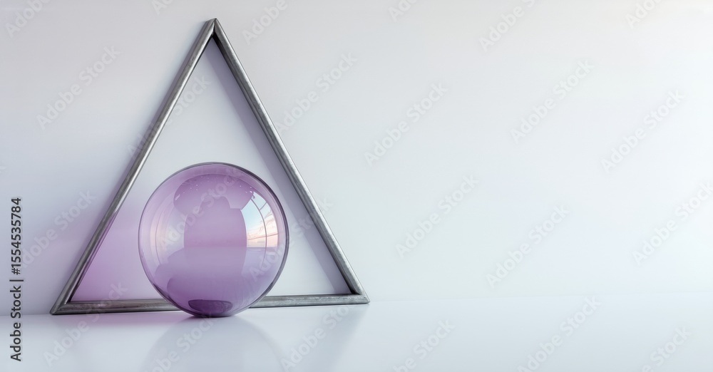 Poster silver triangle frame contains purple sphere. minimalist composition, soft lighting, clean backgroun