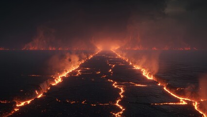 Fiery Path with Glowing Cracks and Blazing Flames – Apocalyptic Lava Road Background