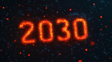 Futuristic 3D Digital Numbers Displaying Twenty Thirty on a Vibrant Particle Background Design