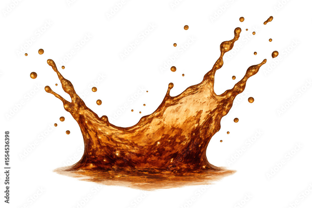 Poster refreshing cola splashing, creating dynamic droplets and a crown-like shape, isolated on a transpare