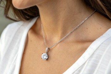 Close-Up of a Solitaire Diamond Pendant Necklace on a Woman's Neck