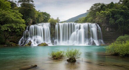 Fototapeta premium Beautiful cascading waterfall surrounded by lush green forest and turquoise water
