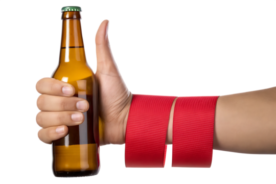 Hand holding beer bottle thumbs up isolated on a white background png ai generated