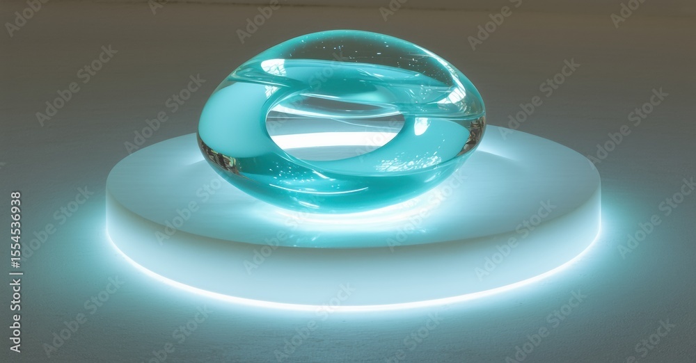 Poster turquoise droplet rests upon illuminated white pedestal. smooth surface reflects light, creating sof