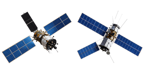  High-Orbit Communication Satellite with Solar Panels, isolated on transparent background PNG