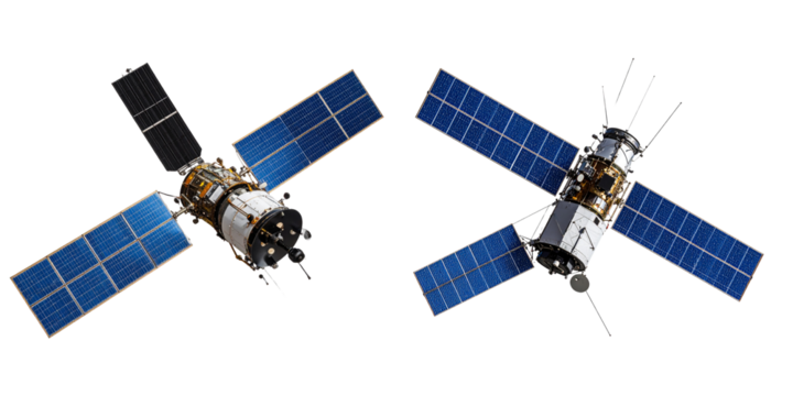  High-Orbit Communication Satellite with Solar Panels, isolated on transparent background PNG