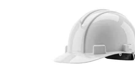 A white construction hard hat is isolated on a clean white background. This essential protective gear is vital for safety on building sites and in industrial environments