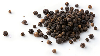 Pile of aromatic black peppercorns isolated on white background shows their natural dark color and fragrant spice used as a culinary ingredient