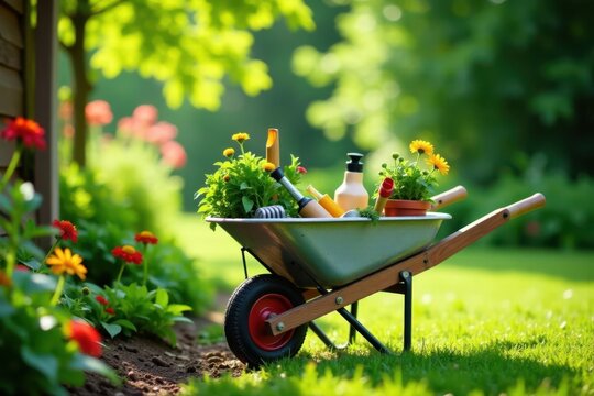A delightful scene of gardening tools and vibrant potted flowers nestled in a miniature wheelbarrow, situated amidst a lush green lawn and blooming garden beds.