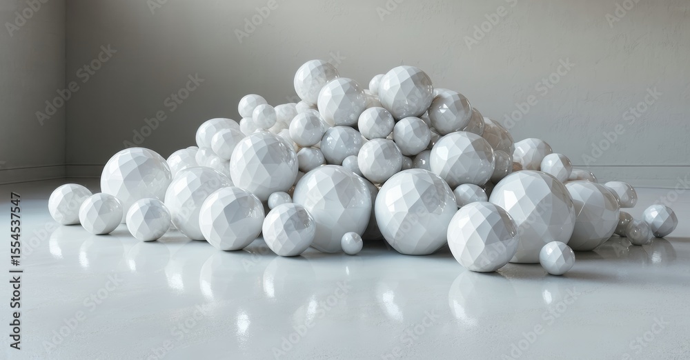 Poster pile faceted spheres, varying sizes, soft lighting, minimalist scene. reflective surface creates sub