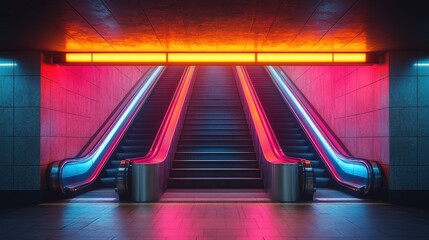 Neon-Lit Escalators in Modern Underground Station