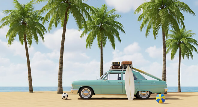 Fototapeta Vintage car packed for beach vacation with surfboard and luggage
