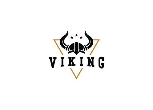 Viking and anchor logo. Scandinavian sailors symbol. Nordic warrior design. Horned Norseman symbol. Barbarian man head icon with horn helmet and beard.
