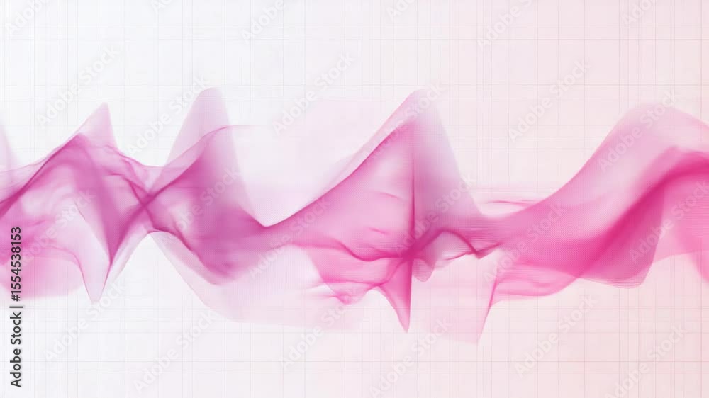 Poster Soft pink waves dynamically expanding across white gridded background, representing fluid energy flow and digital data visualization with elegant, modern aesthetic