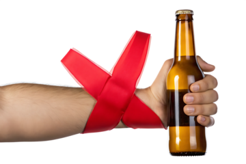 Hand tied with red ribbon holding beer bottle isolated on a white background