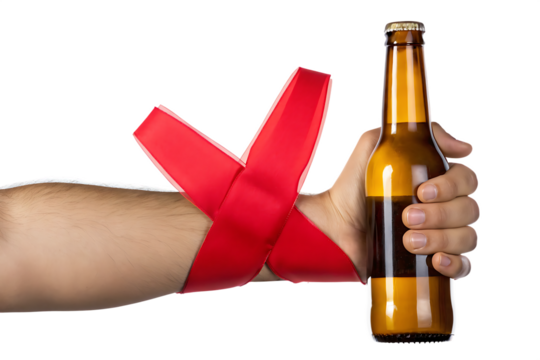 Hand tied with red ribbon holding beer bottle isolated on a white background