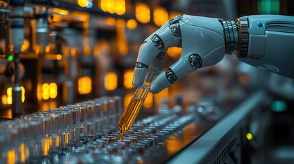 robotic doctor in high-tech lab analyzing samples, futuristic robot hands holding test tube, advanced biotechnology experiment