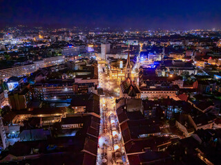 Novi Sad, Serbia - June 26, 2025: Aerial view of the center of Novi Sad at night.