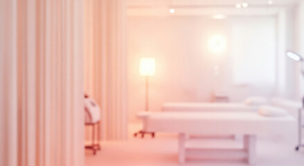 Blurred interior with treatment beds curtains and soft lighting, ideal for beauty clinic banners, skincare ad backgrounds, or aesthetic wellness room previews.