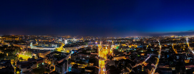 Novi Sad, Serbia - June 26, 2025: Aerial view of the center of Novi Sad at night.