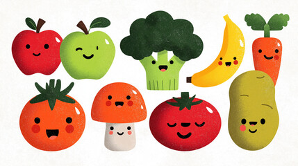 Cute Food Cartoon Illustration with Apple, Banana, Tomato and Mushroom