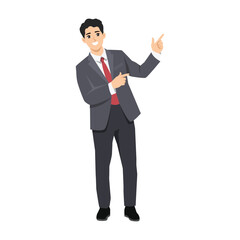 Businessman in a suit and red tie confidently points to side, presenting or introducing something. Flat Vector character illustration