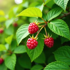 lush foliage and ripe raspberry berries in sunlight, nature, colors, texture
