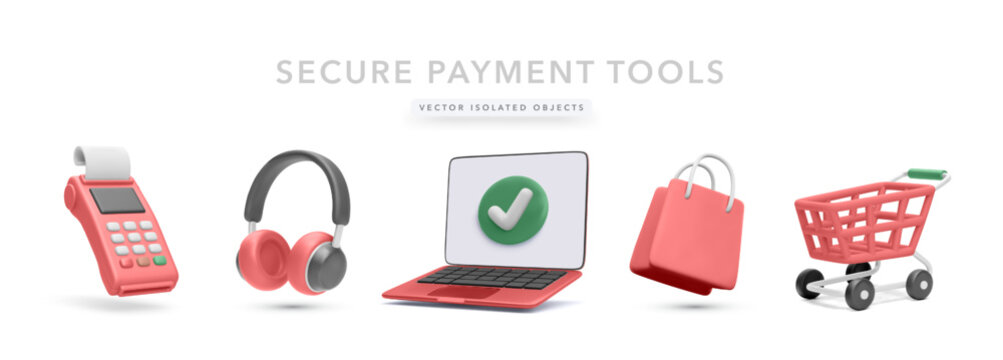 POS Terminal, Headphones, Laptop with Checkmark, Shopping Bag, and Cart in Minimal 3D Style. Ideal for Secure Payments, Online Shopping Interfaces, and E-commerce Tools. Vector Illustration.