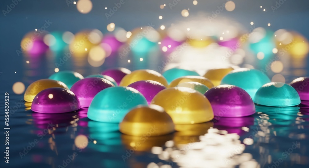 Wall mural Abstract group of colorful shiny domes with bokeh lights and reflections