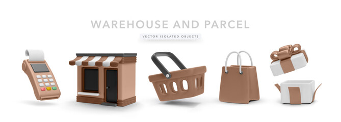 POS Terminal, Storefront, Shopping Basket, Bag, and Gift Box in Soft Brown 3D Style. Ideal for Warehouse Logistics, Parcel Delivery, and Online Shopping Scenes. Vector Illustration.