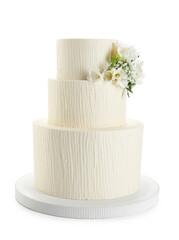 Delicious wedding cake with floral decor isolated on white