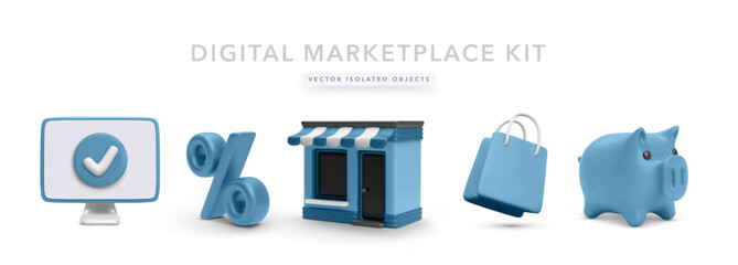 Computer with Checkmark, Percent Symbol, Storefront, Shopping Bag, and Piggy Bank in Smooth 3D Style. Perfect for Digital Marketplaces, Online Shopping, and Finance UI.