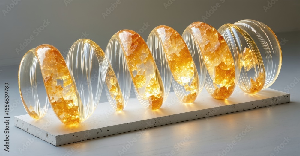 Poster glass sculpture features illuminated gold flakes within clear oval forms. sculpture rests upon concr
