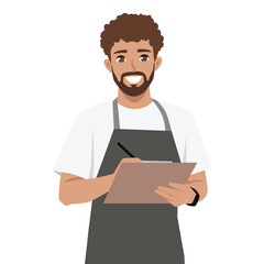 Friendly Service Man Worker with Clipboard. Flat Vector character illustration