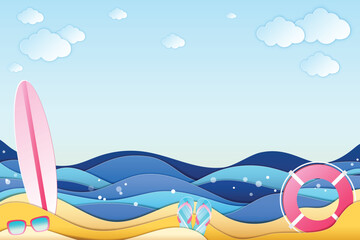 Vector EPS minimalist background illustration in paper craft style featuring sea, beach, surfboard, life ring, flip flops, sunglasses and clouds with free space in the middle, 3D, layered, eazy