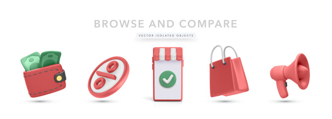 Wallet With Money, Discount Symbol, Storefront, Shopping Bags, and Megaphone in Minimal 3D Style. Perfect for E-commerce, Promotions, and Retail Concepts. Vector Illustration.