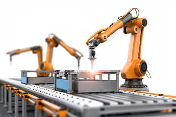 Industrial robots on assembly line isolated on a white background png ai generated