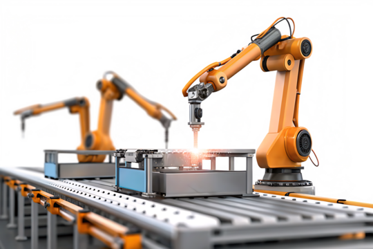 Industrial robots on assembly line isolated on a white background png ai generated - Powered by Adobe