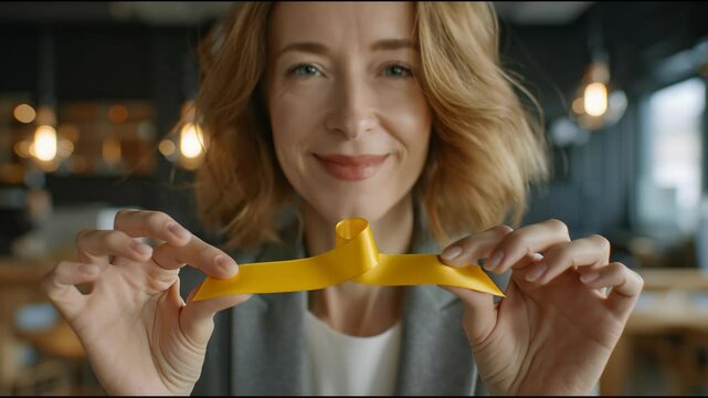 Woman holding yellow gold ribbon, sarcoma awareness, childhood cancer awareness, world suicide prevention day