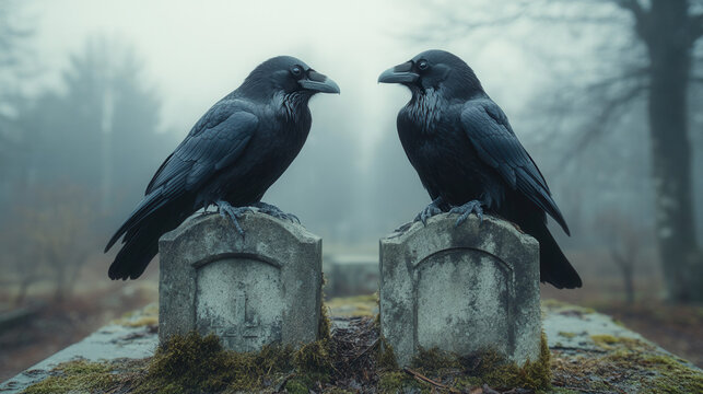 nighttime cemetery with two crows on cross tombstone, fog and full moon, gothic Halloween scene